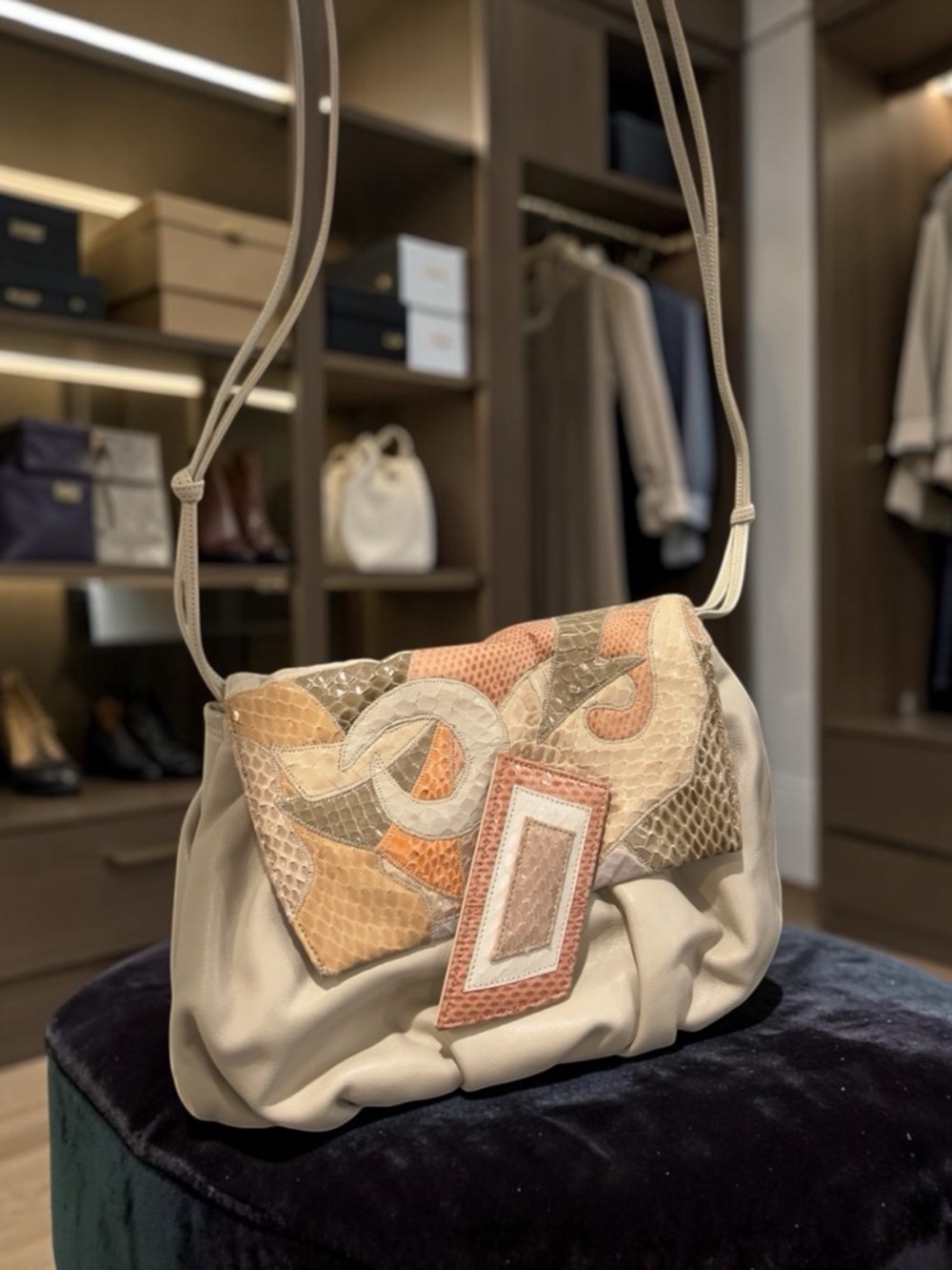 Sharif Vintage Patchwork Leather Shoulder Bag - Cream, Beige & Peach